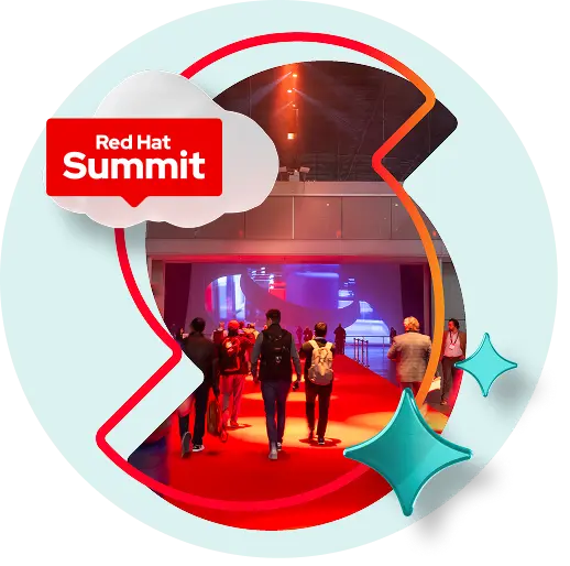 Attendees walk toward a large stage framed by a circular graphic with the Red Hat Summit logo